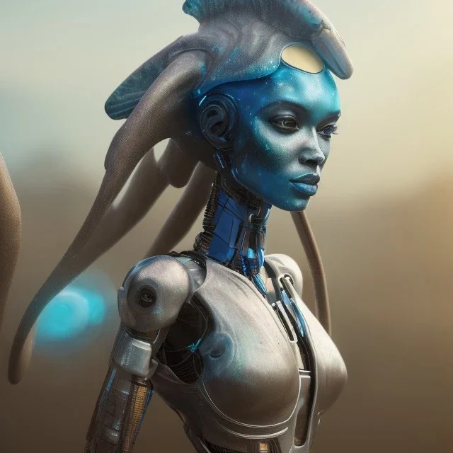 portrait,beautiful african robotic sirene, post-apocalyptic in a cyberpunk city, realistic, intriacte detail, sci-fi fantasy style, volumetric lighting, particales,highly detailed,cinematic, deep blue.