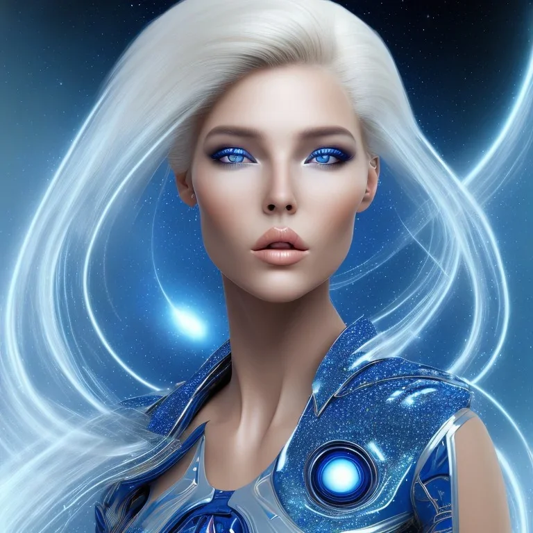 A beautiful portrait of a galactic woman blonde hair in a galactic suit in cosmos blue