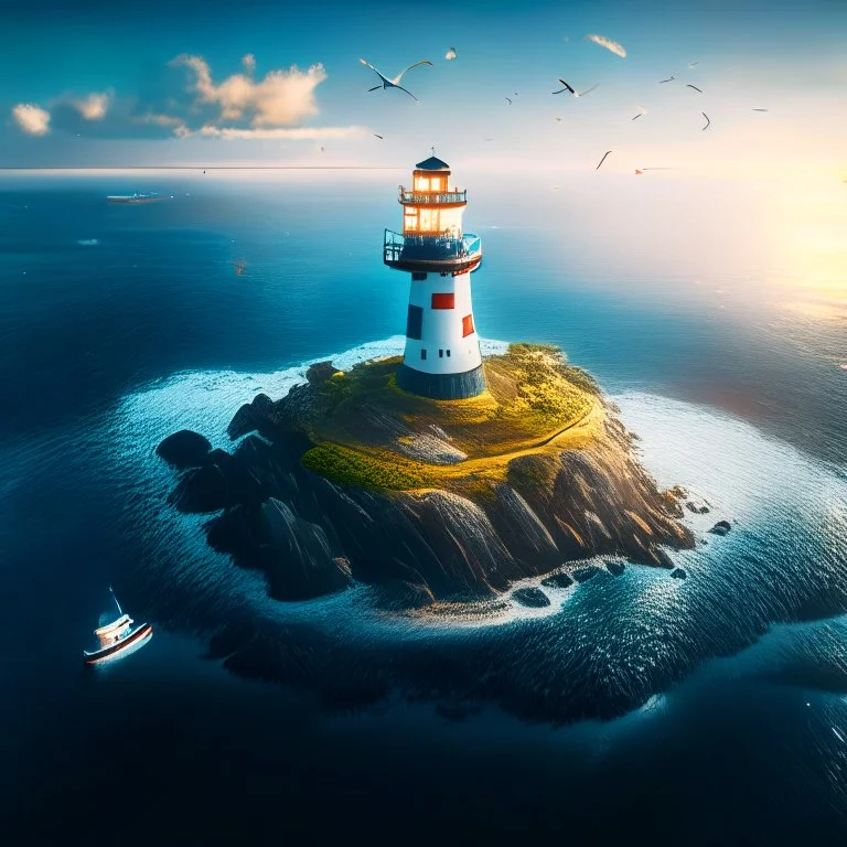 Islet with Sea Lighthouse 8k aerial view graphic