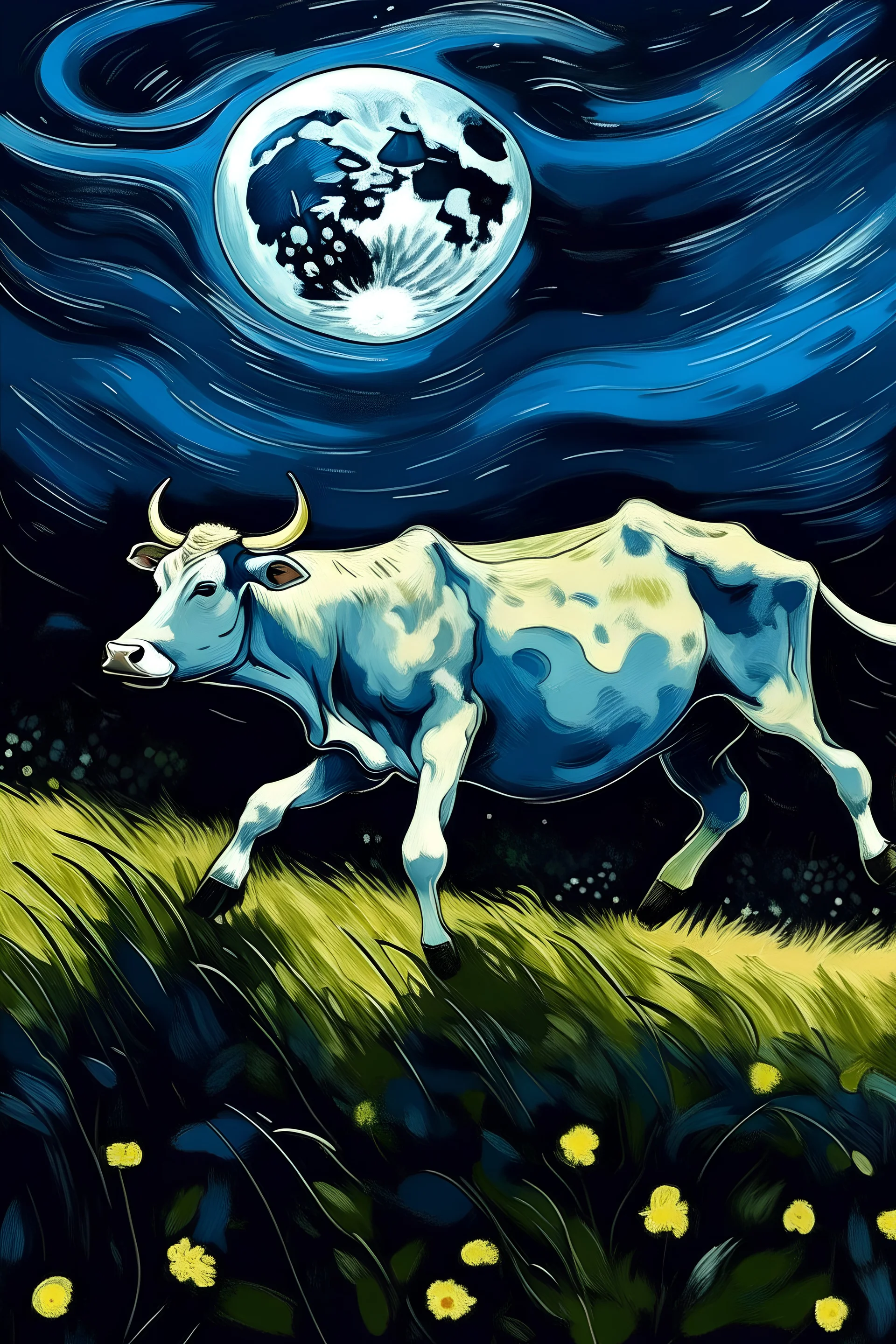 plano detalle de una vaca corriendo por el prado a la noche con la imagen de la luna al estilo de van googh