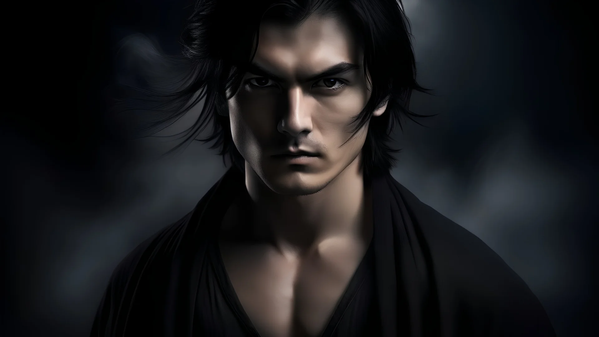 A ((( young man with medium-length black hair and sharp, bright hazel eyes))), standing like a ((sacred figure)), but with a ((terrifying and majestic appearance)), exuding an air of great anger with complete calmness, surrounded by a (dark mist) that envelopes his face and body, as if emanating from him, in a long, powerful image