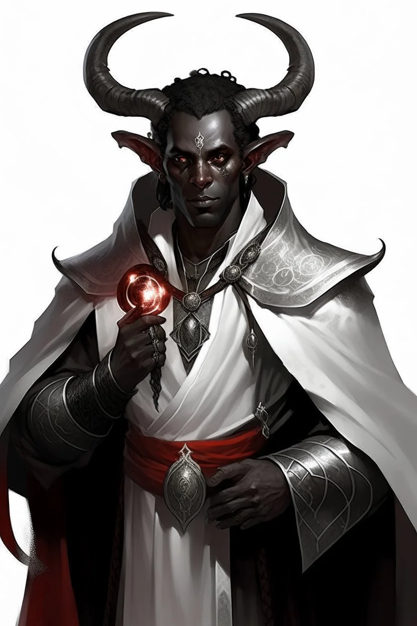 En Young male Black skin black hair tiefling Wizard with large horns glowing Silver and White symbols Everywhere on his body. He's wearing silver and White Rope and a silver cloak. His horn a perfectly place on acet from the front to the back pointing upwards with glowing Red cat Eyes. His close is elegant get simple his horns Are Same size.