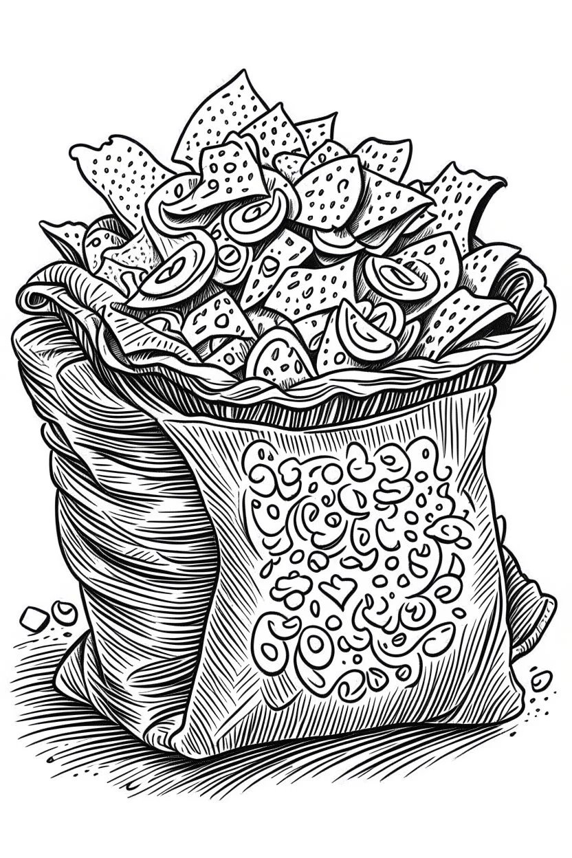 DRAW TO COLORING OF FOOD A BAG OF CHIPS, CARTOON STYLE, LOW DETAILS, THICK LINES, NO SHADING