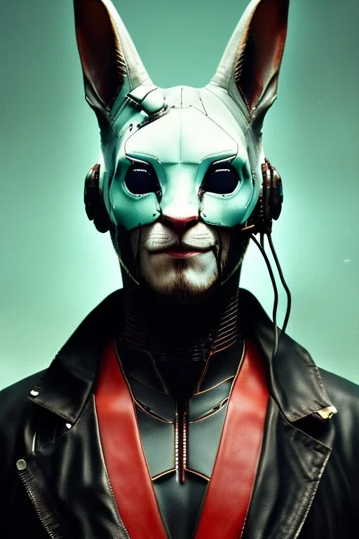 Medium Close Up Portrait, Front image. cyberpunk, rabbit mask, British man, white short hair. leather, gold suit. White, black, red, color. Ghost in the shell style. Color background, photo studio. Avatar image, highly detailed, concept art, smooth, unreal engine 5, god rays, ray tracing, RTX, lumen lighting, ultra detail, volumetric lighting, 3d, finely drawn, high definition, high resolution.