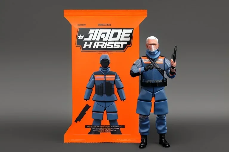 packaging label Mike pence g.i. joe toy With a gun space force uniform action figure, fluorescent orange, close-up