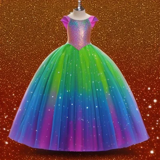 Glittery rainbow ball gown, full view