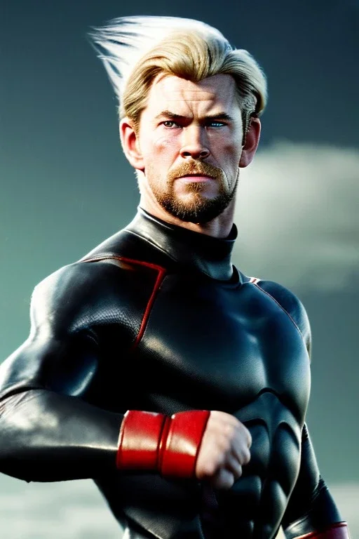 retro portrait image from 1960, sky background, wind, extra long blonde hair, fighting stance, young Chris Hemsworth, clean shave face, black dress, classic long tight lycra black suit, red cap, platinum lycra with scales on the arms, gold bracelet and belt, high boots, soft color, highly detailed, unreal engine 5, ray tracing, RTX, lumen lighting, ultra detail, volumetric lighting, 3d, finely drawn, high definition, high resolution.