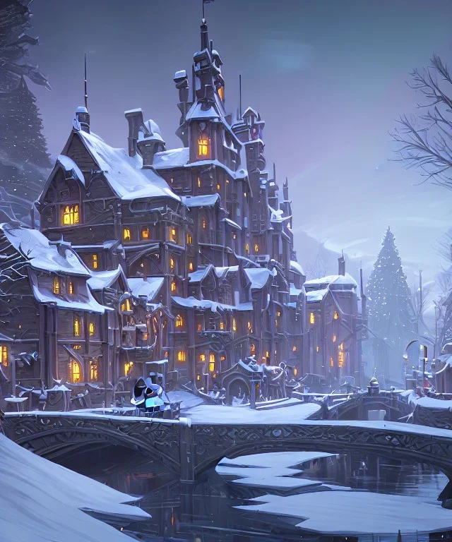 A magical snowy warlock castle with river canals in Christmas time