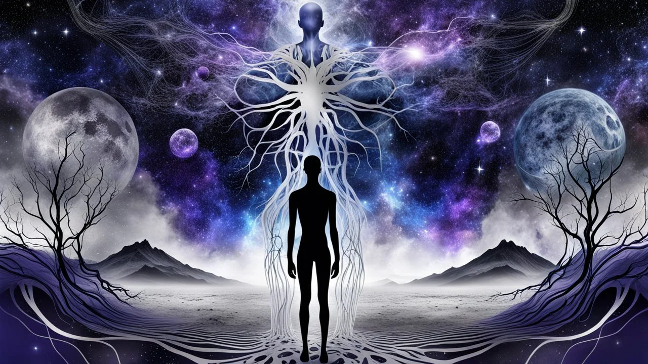 abstract 2d digital art graphic and ink montage,. galaxy in background with nebulas, pale silver gray human nervous system with fade little lights , dark purple, white-dark blue-pale gray and black colors, stunning composition with strange surreal vibe, emotional, abstractions, neurodivergens soul and mind, cinematic, thriller, four little human dark shilouette floatings in universum