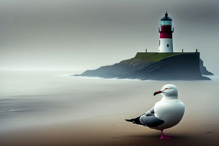 A seagull is sitting in the foreground, behind there far away lighthouse. England, foggy day