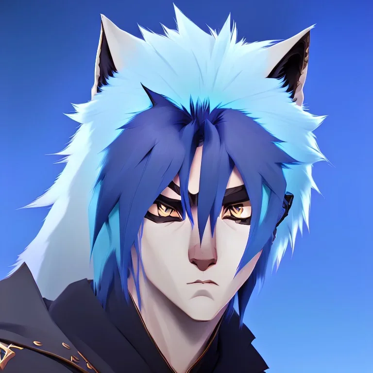 wolf furry digital art blue hair only face anime style male white fur