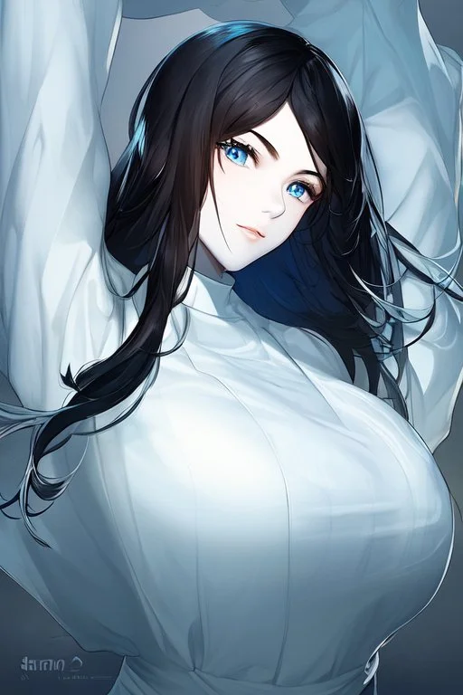 generate a realistic image of a skinny girl with white skin blue eyes and black hair