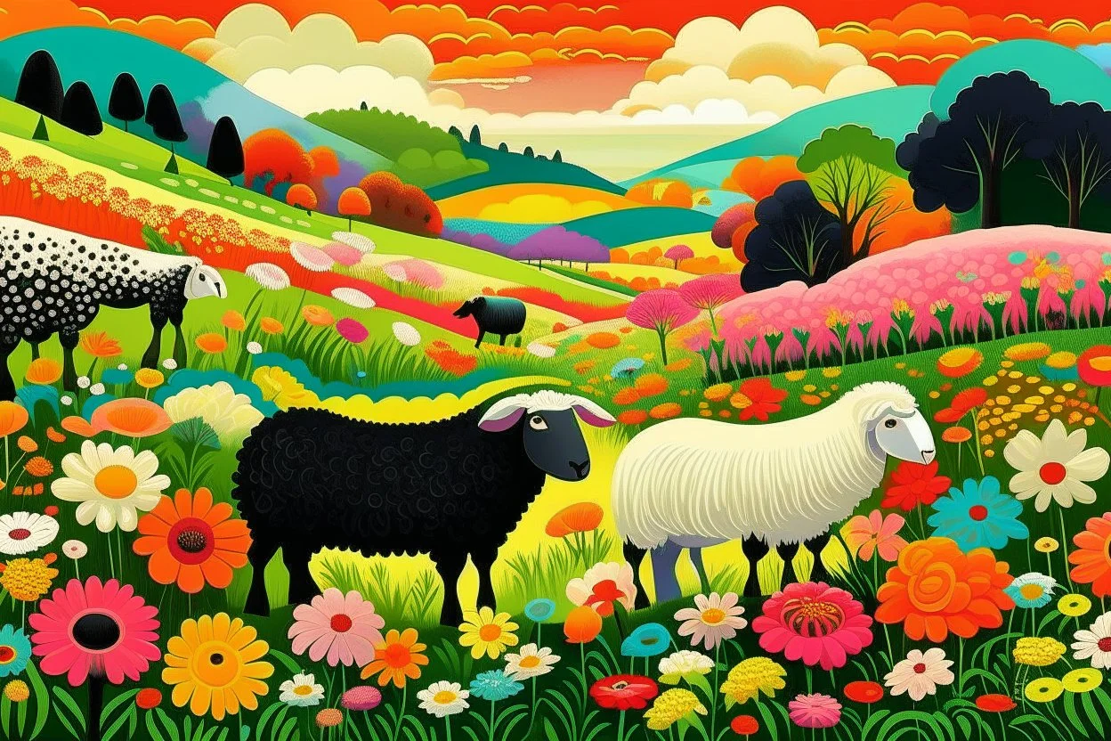 Create a vibrant pastoral scene featuring a colorful landscape. In the foreground, two sheep stand among flowers: one is black with a smooth texture, and the other is white and fluffy. Surrounding them are various stylized flowers in hues of orange, pink, and cream. The midground features a gentle rolling terrain with black sheep and white sheep grazing peacefully, some scattered throughout the grassy field. Towards the background, a serene river winds through the landscape, reflecting the soft