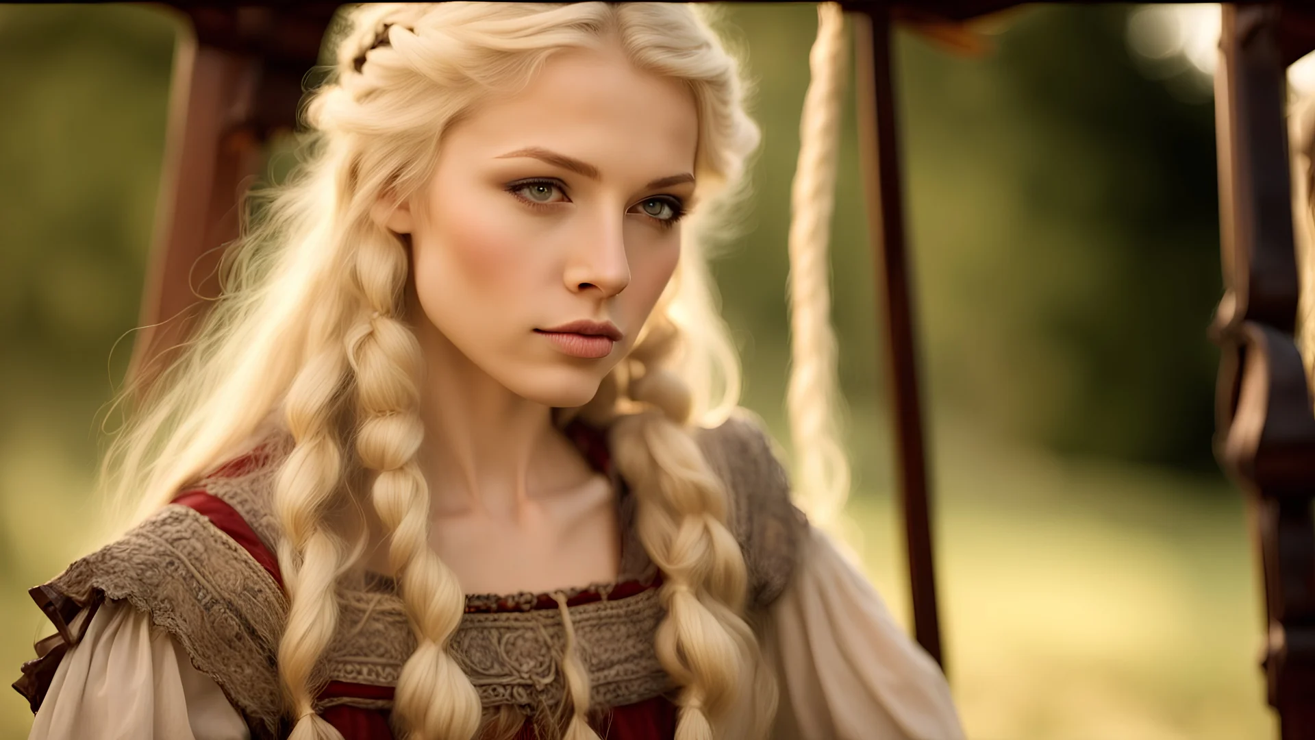 Sharp focus and high resolution closeup of a beautiful and slender caucasian 17 year old girl with long wavy platinum blonde hair. She is wearing a medieval peasant dress with a coset. She is seated at a spinning wheel gazing at the viewer. She has a cute nose, detailed full lips, skin texture. Natural lighting and low contrast. Face framed.