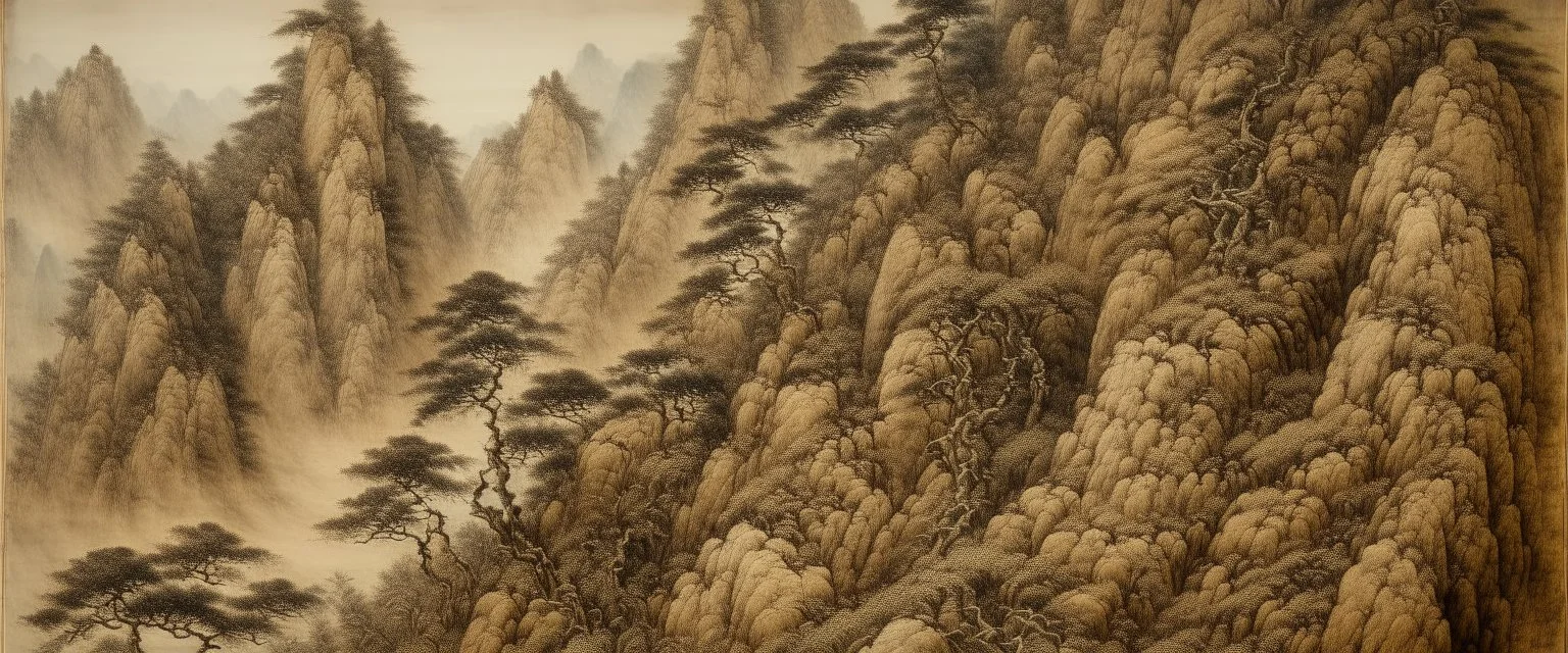 A brown mountain with stones covered in dust painted by Guo Xi