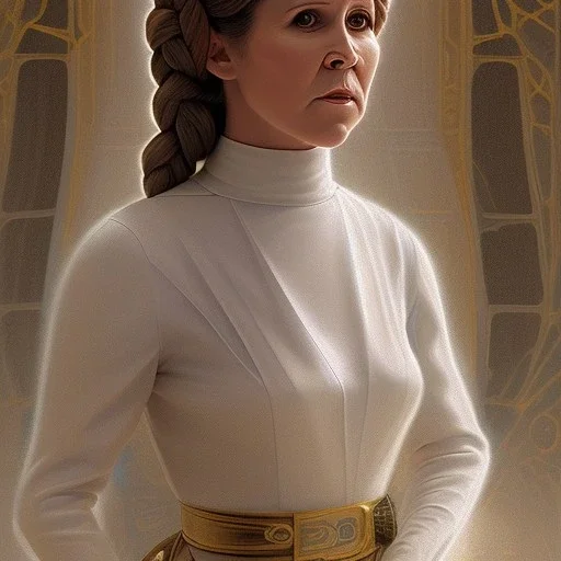 hyperspace background, complete and photo realistic detailed head to waist stunning photo realistic portrait of carrie fisher as Princess Leia in star wars with photo realistic updo hair by Mandy Jurgens and mucha and Richard Schmid and chuck close and chie yoshii, extraordinary and detailed ceremony dress of star wars,brown eyes