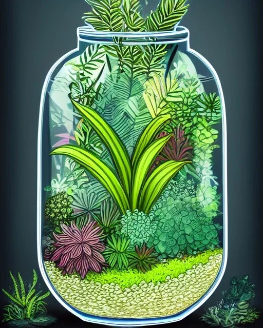 a glass jar terrarium filled with plants, highly detailed, digital art, sharp focus, trending on art station, illustration