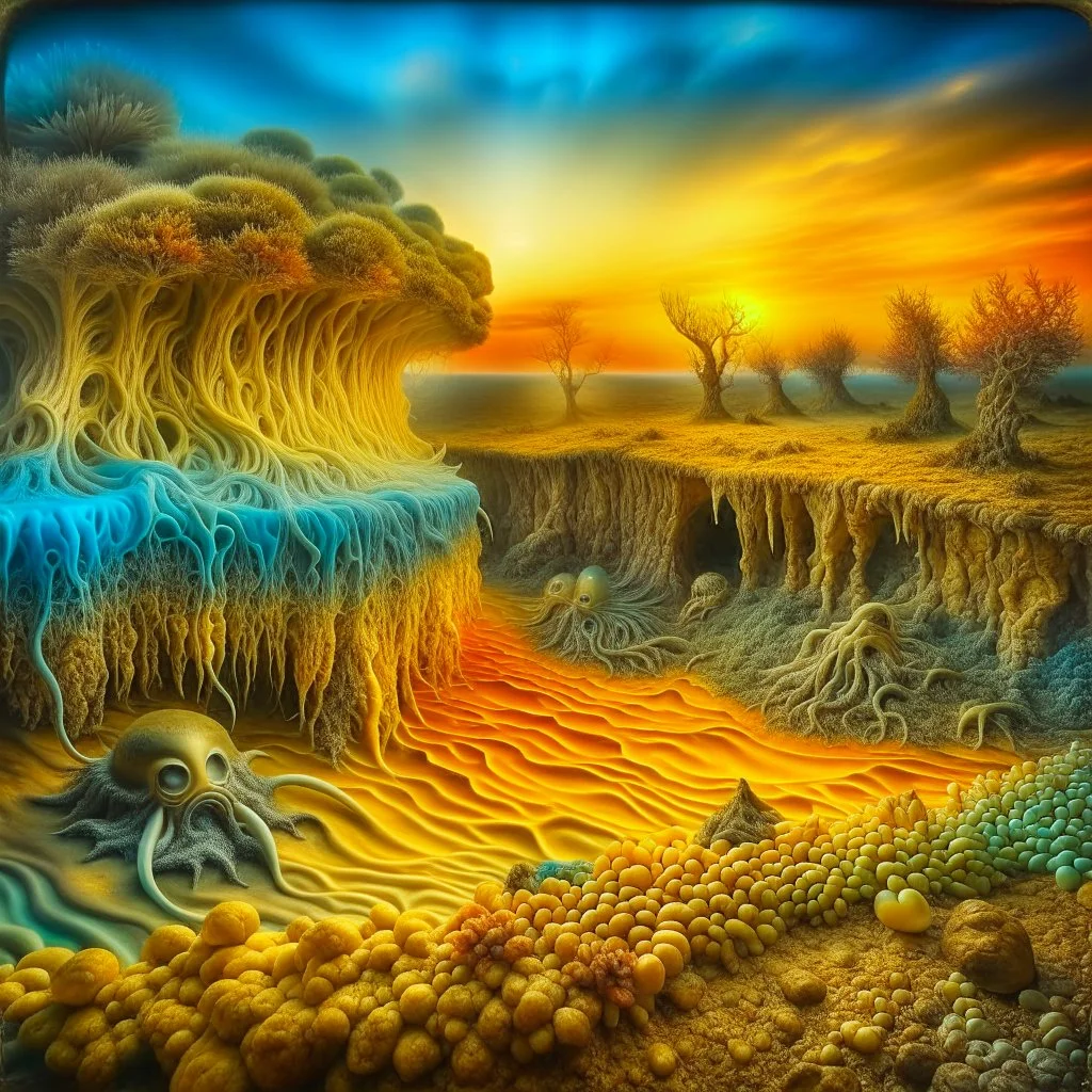 Hyperrealistic creepy landscape, odd, polaroid, Walton Ford, Max Ernst, 3d, sharp focus, noon light, bright colours, high resolution, very detailed, volumetric light, mist, grim, fine art, decaying, textured oil over canvas, very colorful, ornate, bas-relief