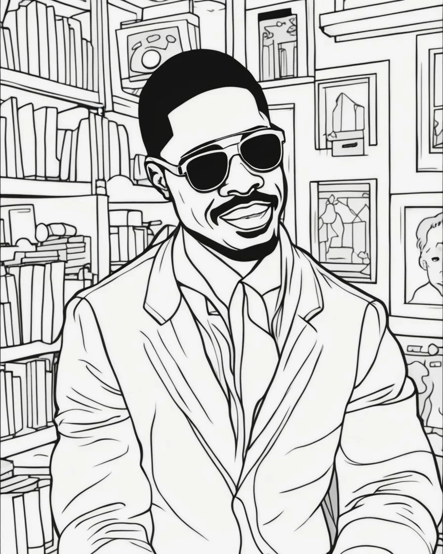 coloring page for teens, simple outlines art, cartoon style, outline drawing, bold outlines, clean and clear outlines, no tones color, no color, no detailed art, art full view, wide angle, white background, STEVIE WONDER.