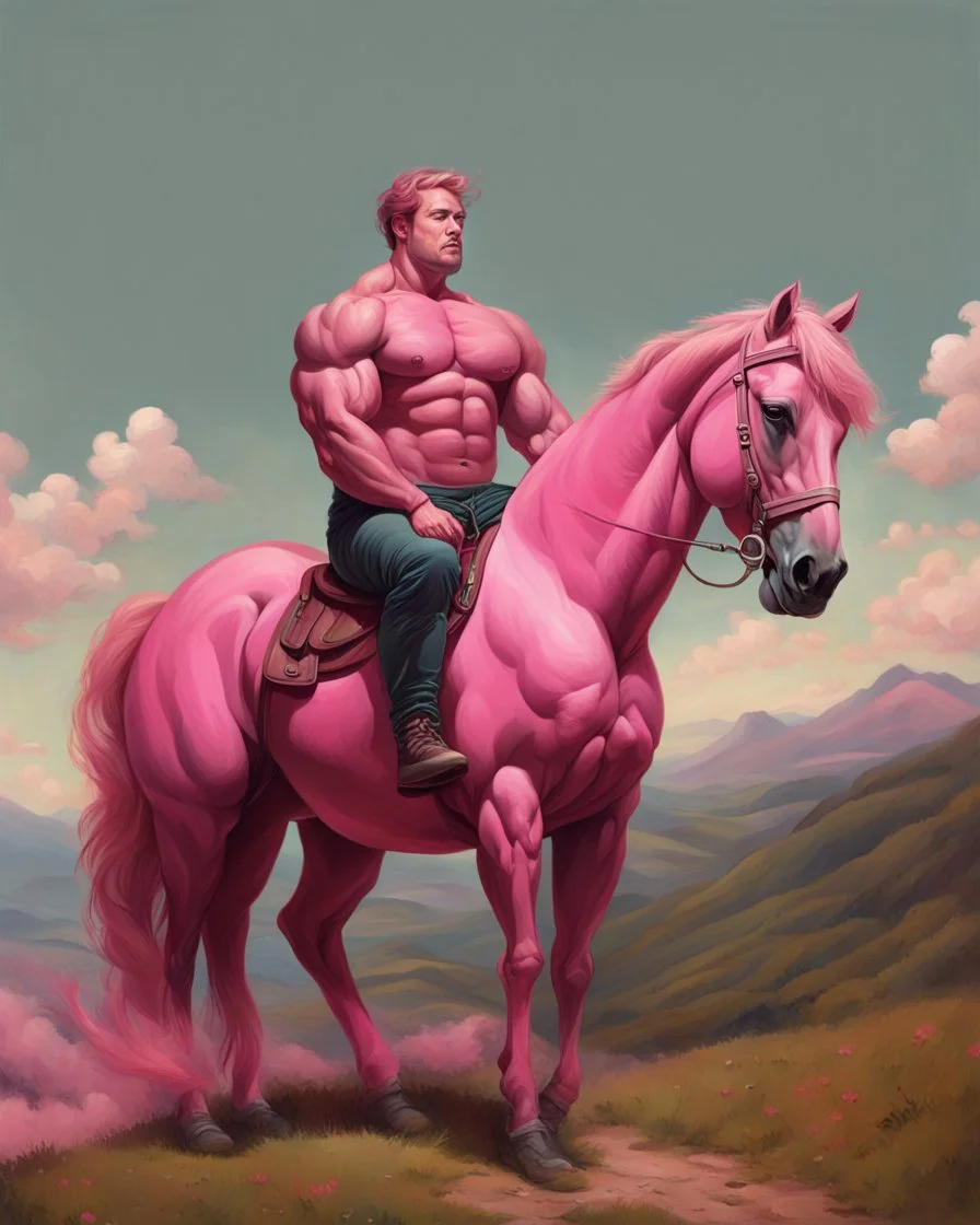 a big muscle man sitting on a pink horse in hills like a 19th painting