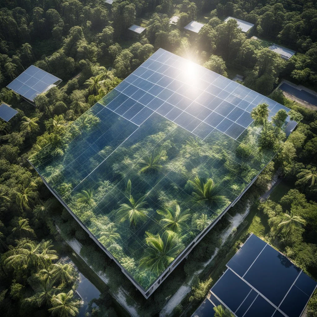 the reflection of a primordial jungle in a solar panel that is mounted on a building roof, eco-friendly, award winning photography