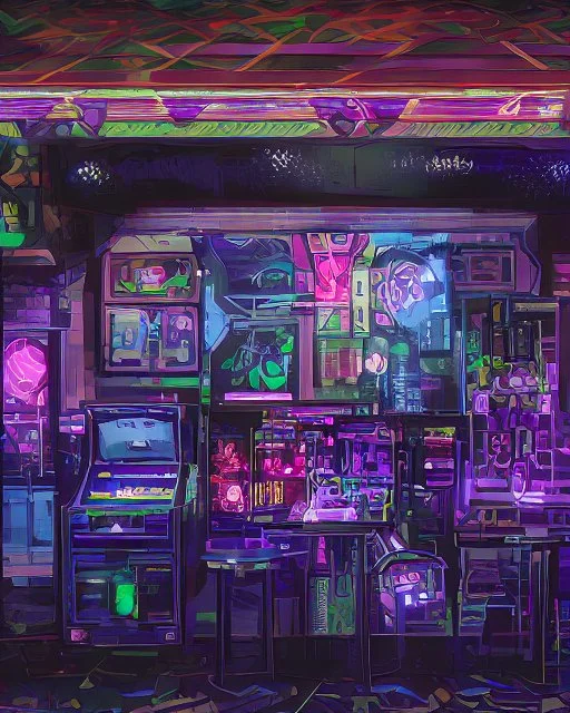 A dark photo of the corners of an 80's aesthetics arcade at night, with a lot of functioning arcade machines, a vaporwave floor and some colorful tiles in between the floor. Purple aesthetics. There are some pizza boxes over some of the arcade machines. The wall has a ticket shop who sells plushies, food and laser tag guns