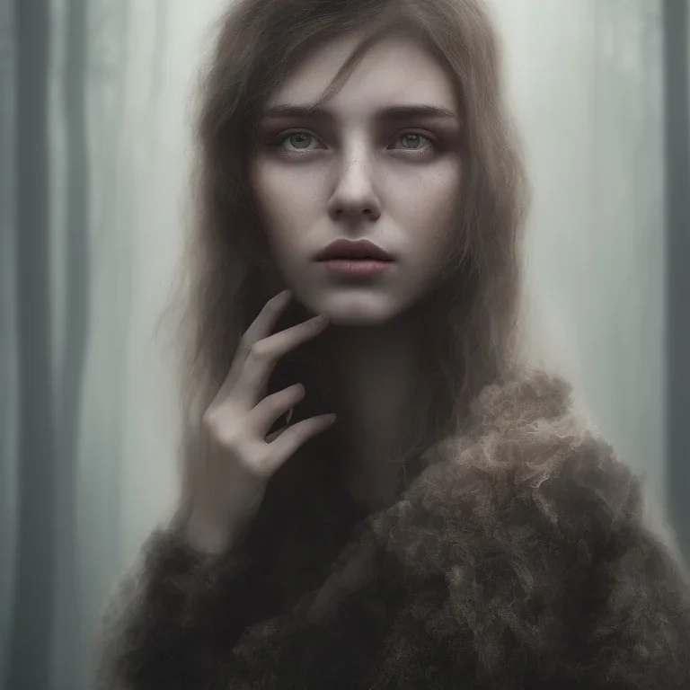 portrait photography, 8K, Portrait of a woman, close-up face, average face, a dreary dark atmosphere, misty smoke, trees