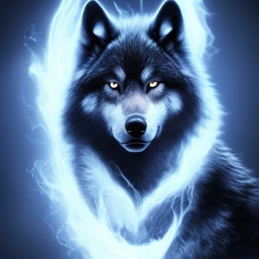 amazing black fur wolf and blue flame around him