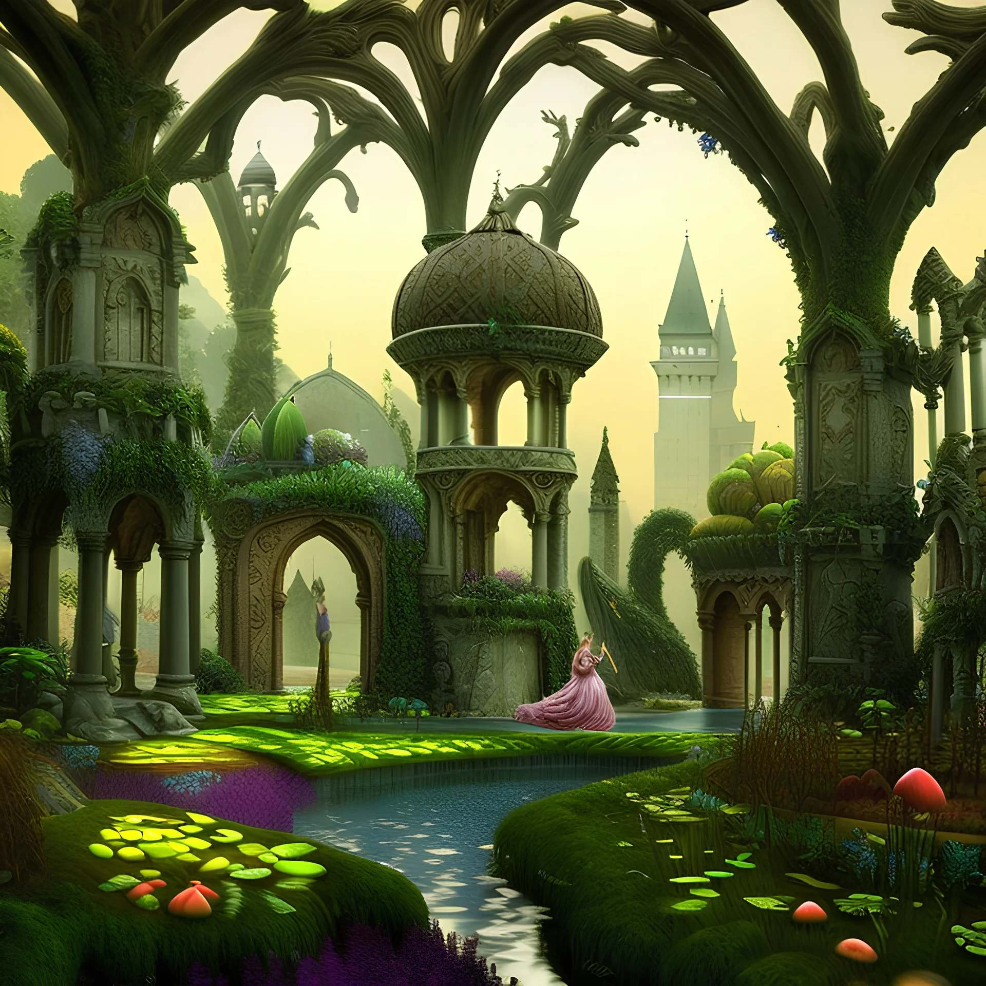 surreal Create a magical garden with enchanted glicine, edera, muschio, creatures,fantasy, India, Scozia, Fate, draghi, castle,moss, perle,Venezia, stelle, scintille,pioppini, scoiattoli, lucciole,funghi, 3D, raggi divini,nitidezza, ultra qualiltà, perfezione. foresta