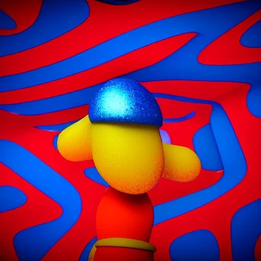 red, yellow, blue, primary colors, funny, goofy, abstract blob, circus, party, glitter, bokeh blur, guassian blur, tilt-shift, photograph, HD, 8k, hyper realistic, blender, 3d model, rendering, clown, bright lights, zoom in, portrait