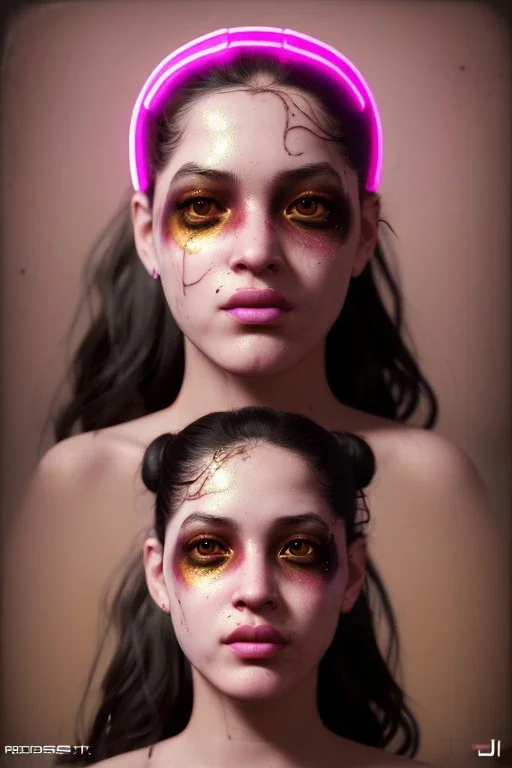 Realistic image, Rosalía artist, portrait, waist up portrait, long black eye line, sweet, gold and pink geisha style, spray glow make up, led lights, neon, led piercing nose, led ornament, fog, bubble latex coat, vibrant color, highly detailed, art stations, concept art, smooth, unreal engine 5, god rays, ray tracing, RTX, lumen lighting, ultra detail, volumetric lighting, 3d, finely drawn, high definition, high resolution.