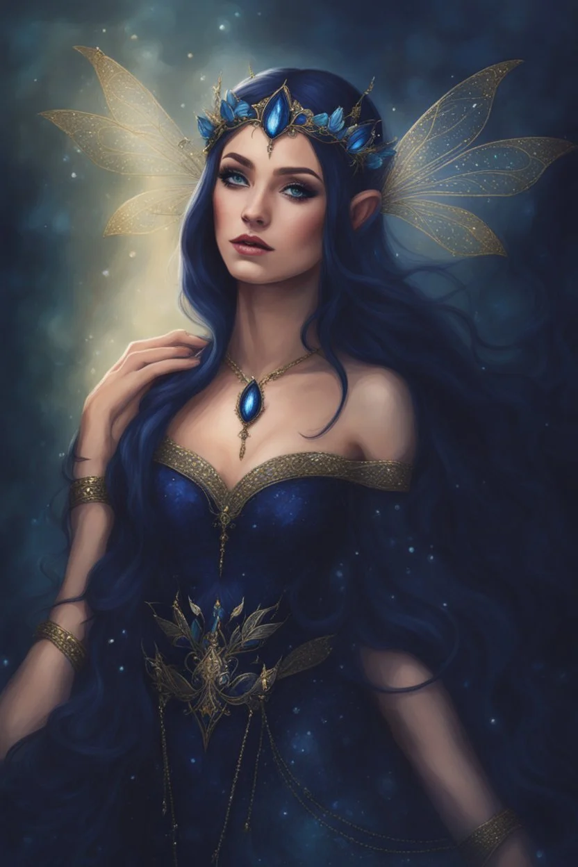 Midnight blue,Dark blue hair,night,dark fairy princess ,elven crown,elven ears,sparkle,glitter,gold armor,dragonflies,rapunzel hair,water lilies