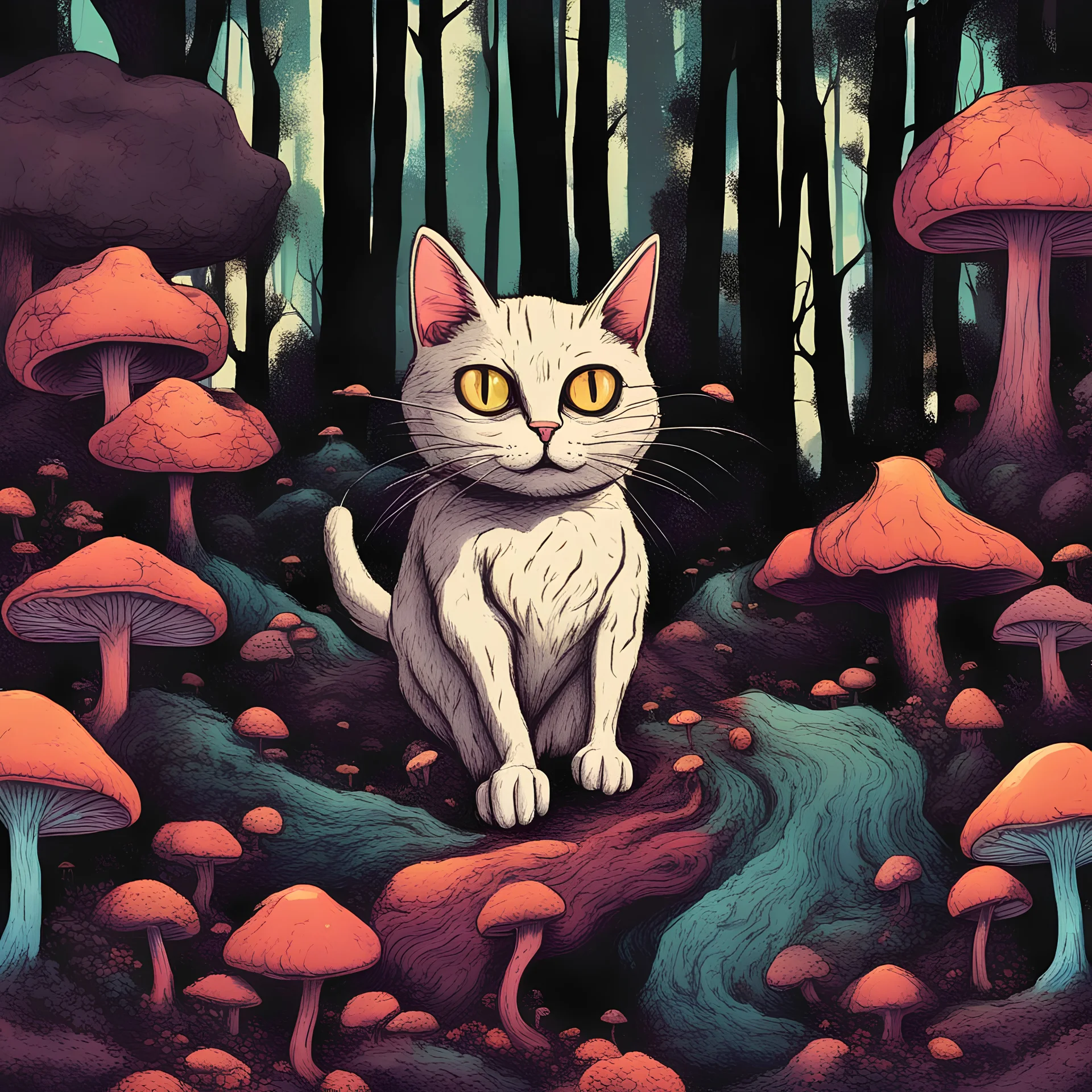 Two Psychodelic cats going through a dark mushroom forest in a hard journey