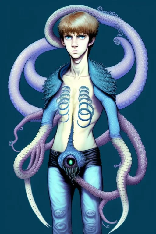 16 year old boy warlock with milky blue eyes, and lamprey tentacle growing out of his belly. in the style of HR Giger