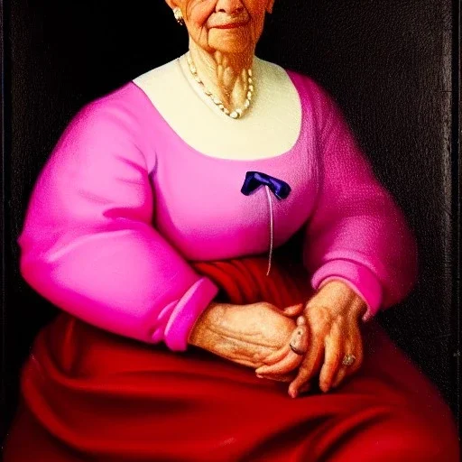 Retrato de una abuela muy guapa llamada Carmen Mozos Bugallo montando un unicornio rosa con el estilo de Diego Velázquez