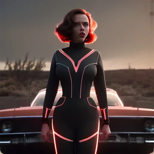 retro sci-fi portrait image from 1960, supermarket parking explosion, fire, classic black widow, young Scarlett Johansson, classic tight lycra suit, retro superhero style, soft color, highly detailed, unreal engine 5, ray tracing, RTX, lumen lighting, ultra detail, volumetric lighting, 3d, finely drawn, high definition, high resolution.