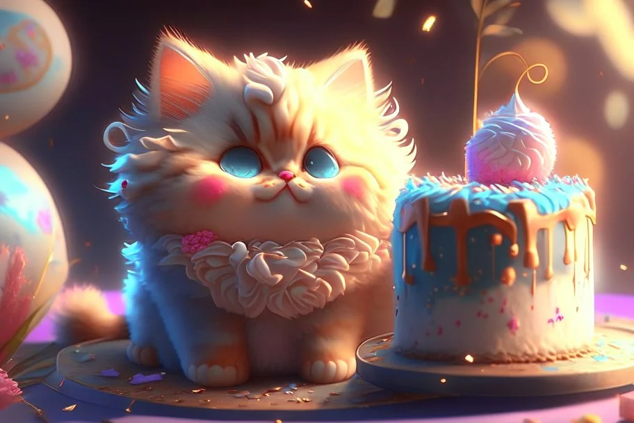 cute fluffy chibi cat birthday cake in sunshine Weight:1 detailed matte painting, deep color, fantastical, intricate detail, splash screen, complementary colors, fantasy concept art, 8k resolution trending on Artstation Unreal Engine 5 Weight:0.9