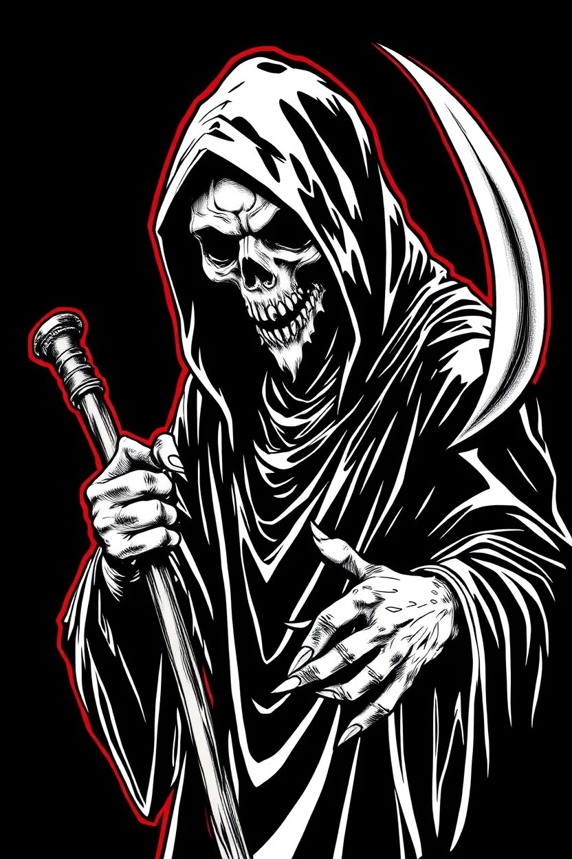 hooded Grim-Reaper gripping a staff with both hands, vignette, black and white graphic novel style with a red outline on black background, extreme distortion and melding of shapes, gothic body horror