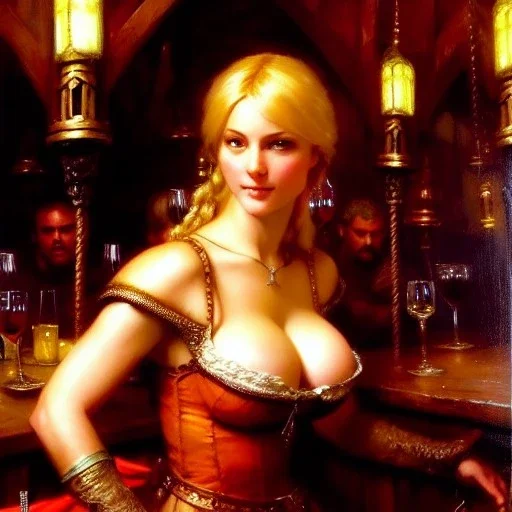 fullbody portrait 'beautiful face blonde massiveboobs medieval wench on tavern in medieval city',painting by gaston bussiere, greg rutkowski, yoji shinkawa, yoshitaka amano, tsutomu nihei, donato giancola, tim hildebrandt, oil on canvas, cinematic composition,sharp image, extreme detail,((fit full head inside picture)),32k