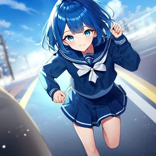 Clear focus,High resolution, Vibrant short blue hair, Vibrant blue eyes, Wearing a sailor uniform, Running