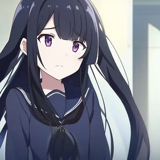 Clear focus, High resolution, long black fluffy hair, long locks, chopped bangs, purple eyes, wearing a sailor uniform, (solo), anime screencap