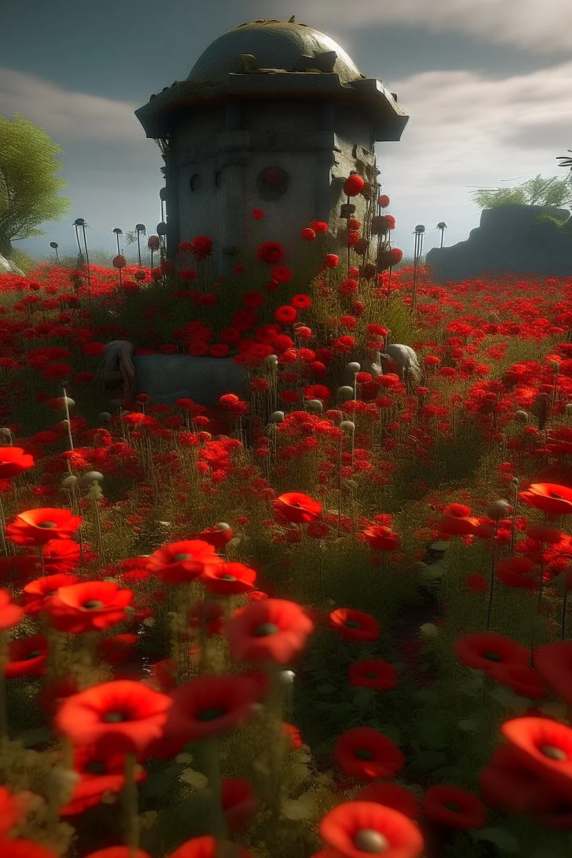 A well surrounded with poppies growing out of a zombie