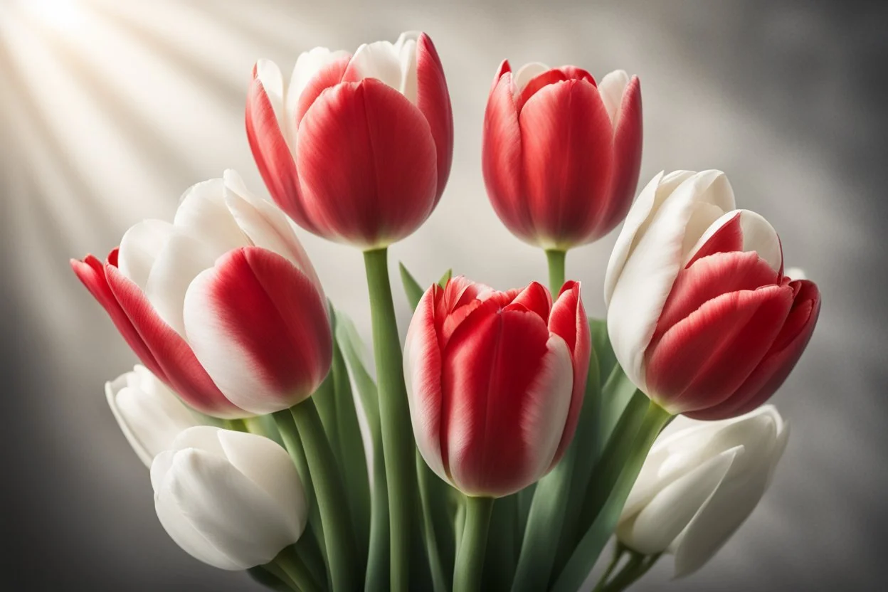 photorealistic 4 red tulips above and 2 white tulips down in a bouquet, soft lighting, sharp focus, rough edges in sunshine