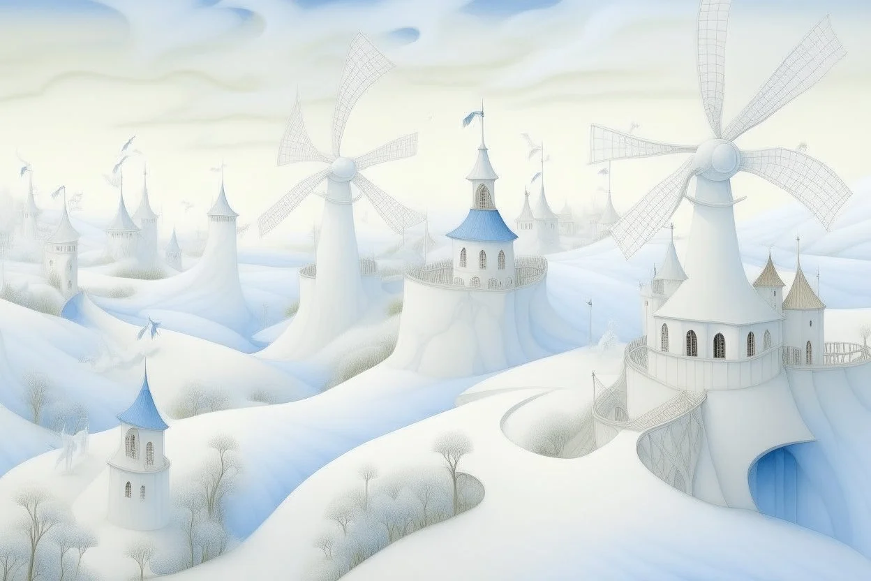 A white dreamlike realm with windmills painted by the Limbourg brothers