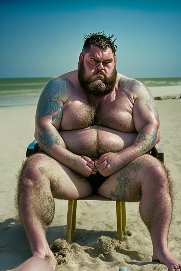 half-lenght Photography of turkish serious ugly dirty stocky muscular chubby 33 years old in swimwear, beard, curly hair, tattoo, relaxed sitting on an a beach chair at the beach, crossed arms, open big manly legs, manly chest, photorealistic, angry eyes, sunshine, ambient occlusion, misery and poverty, desperation, redneck, highly detailed, frontal ground view , trending on artstation, sharp focus, studio photo, intricate details, highly detailed, by greg rutkowski