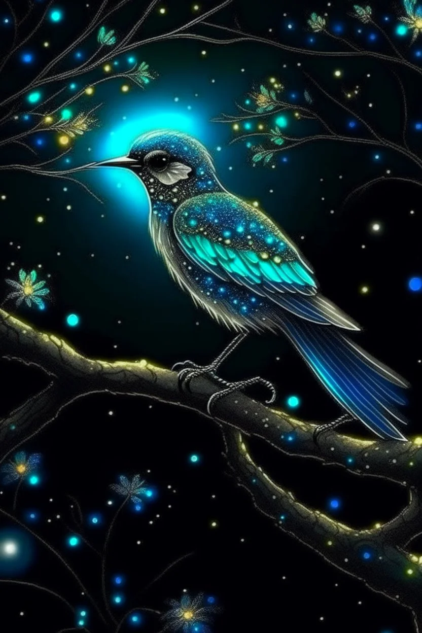 A fabulous beautiful bird with a long tail shimmers with radiance all covered in diamonds on a branch at night, magic