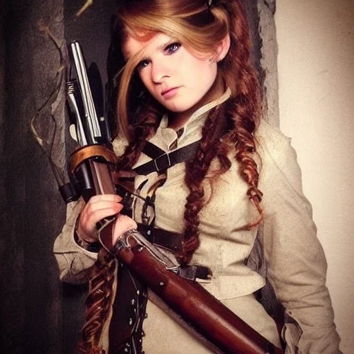 halfling fantasy D&D beautiful girl with a carabine fire gun steampunk vintagehair braids gunslinger