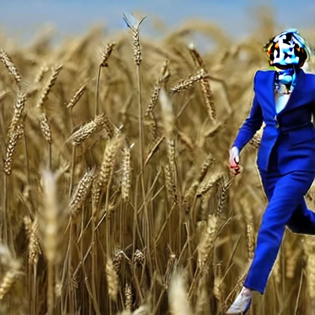 theresa may in robot armour, running through fields of wheat, sunshine, daytime, dystopian