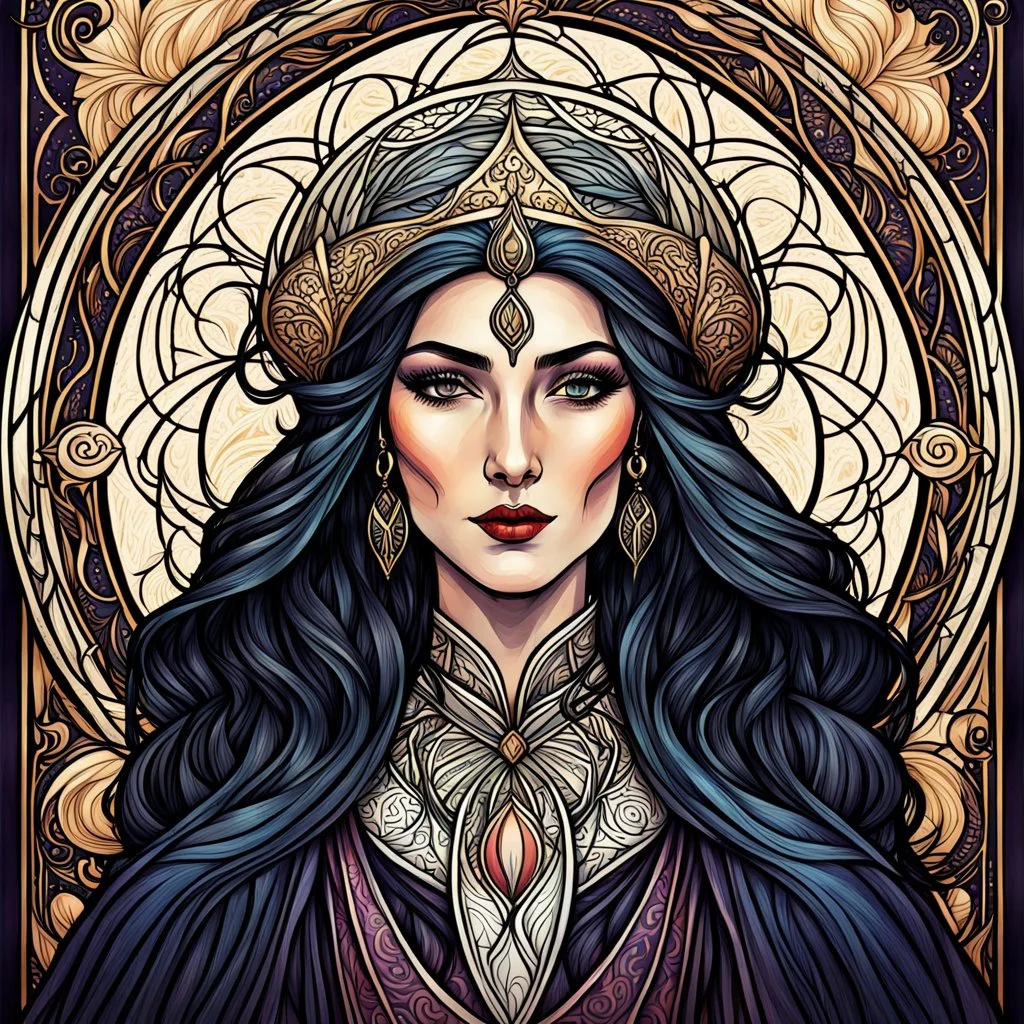 create an ethereal, darkly magical art nouveau illustration of an epic aged female Andalusian sorceress with highly detailed and deeply cut facial features, in the style of CHARLES RENNIE MACKINTOSH, combined with searing lines and forceful strokes, precisely drawn, boldly inked, and darkly colored