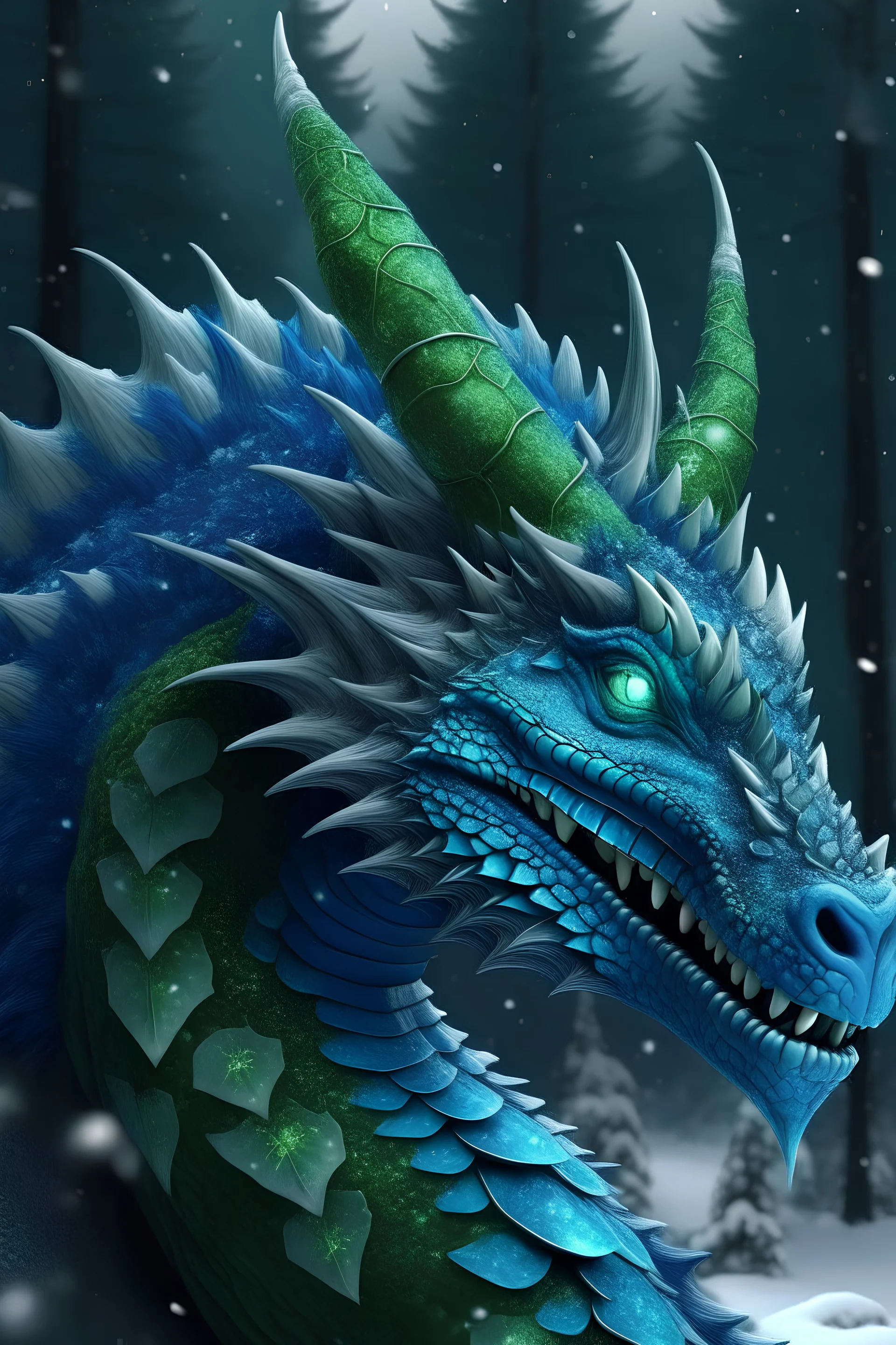 Dragon King, green -blue dragon head crown, decorated with shining crystals, in mystery snowy forest, ultra realistic